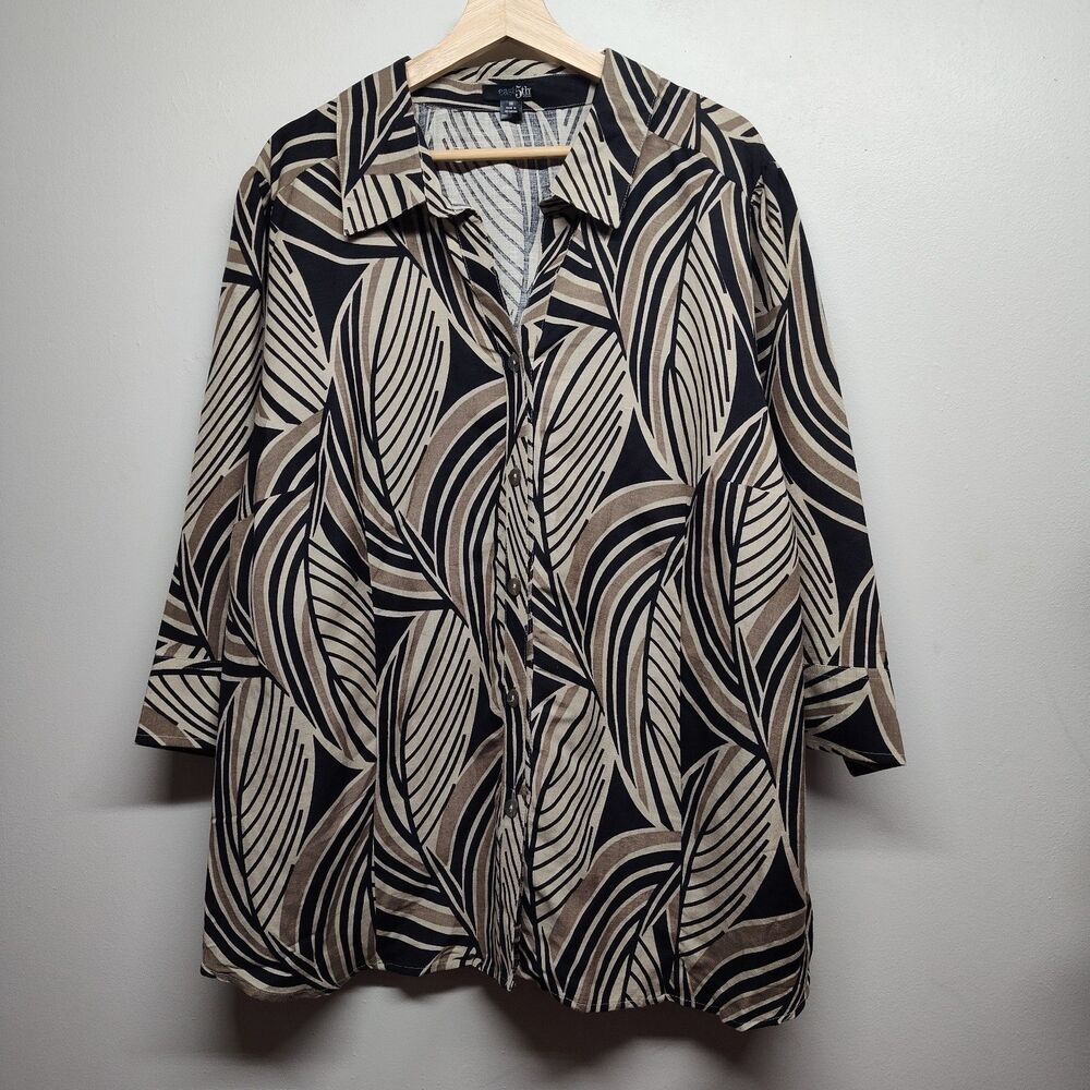 New 5th East Button Down Linen Shirt Women Plus Size 3X Black Tan 3/4 Sleeve